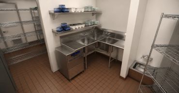 A clean industrial kitchen sink area with shelves and cookware.