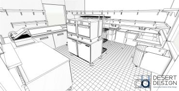Sketch of a modern kitchen layout with appliances and counters.
