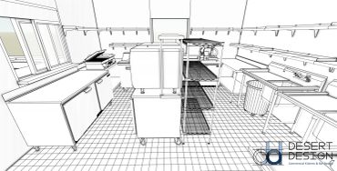 Black and white sketch of a supermarket aisle with shelves and refrigerators.