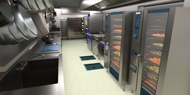 3D Rendering of an Interior Kitchen Cook Line