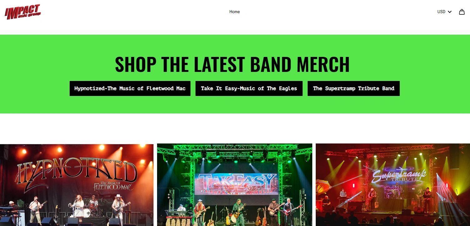Website homepage promoting band merchandise and tribute bands.