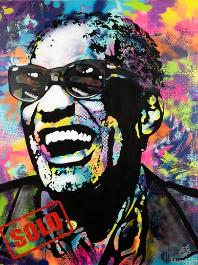 Ray Charles 
60"x 48" x 2" 
Spray paint , Acrylic, and Glass Glitter on Canvas
Sold for $5,000