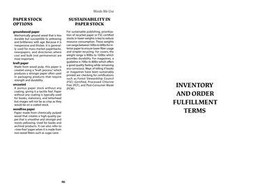 Book pages detailing paper stock options, sustainability, and order fulfillment terms.