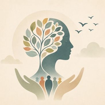 Silhouette of a head with a tree inside, symbolizing growth and care.