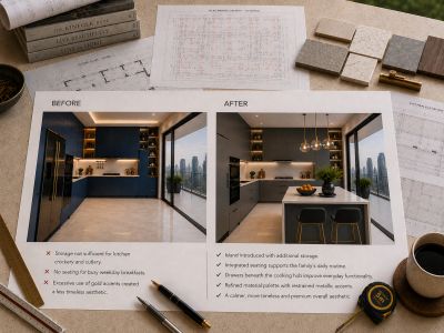 Before and after kitchen renovation comparison with notes.
