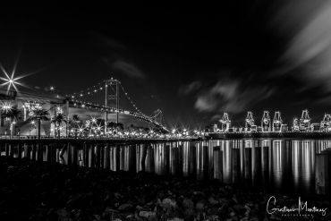 Night view of a lit bridge and harbor in black and white.