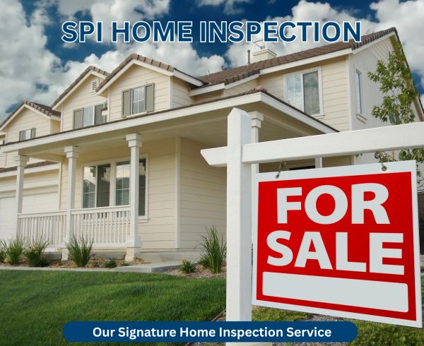 House with a 'For Sale' sign and home inspection service text.
