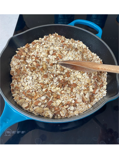 Nutty granola in the frying pan. 
