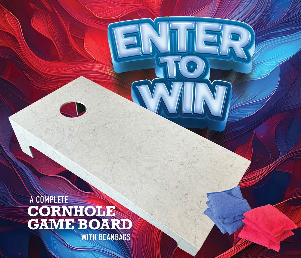 Complete cornhole game board with beanbags and 'Enter to Win' text.