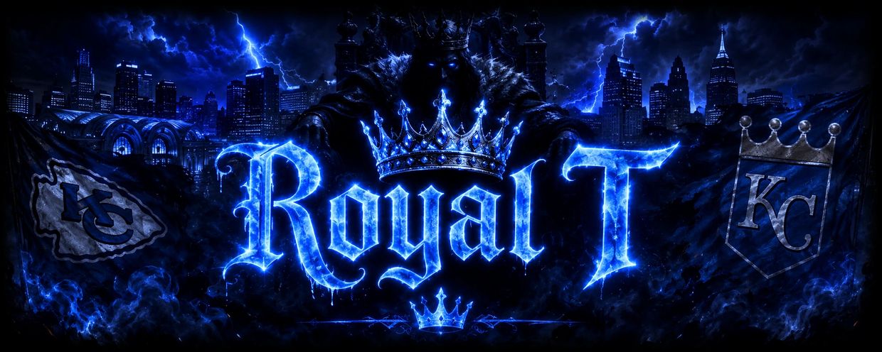 Electric blue 'Royal T' with Kansas City Royals theme and stormy background.