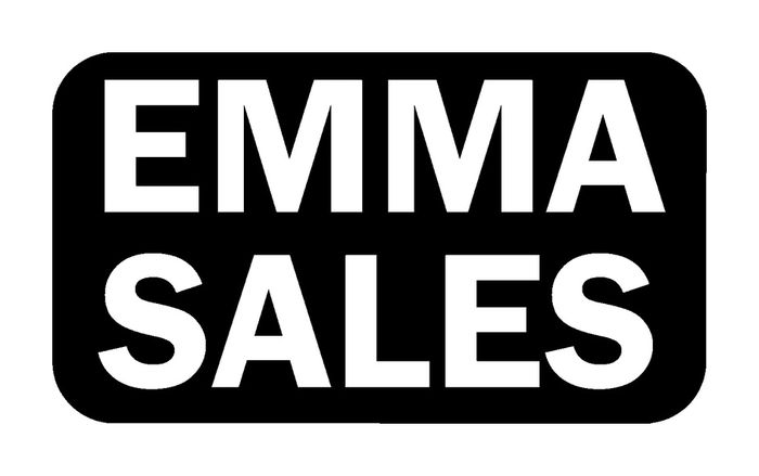 Bold white text 'EMMA SALES' on a black rounded rectangle background.