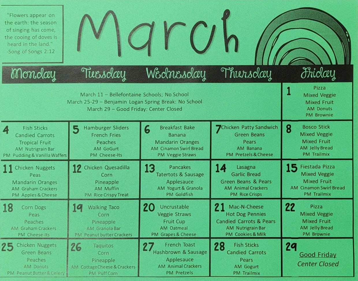 Menu | Noah's Ark Christian Daycare &amp; Preschool