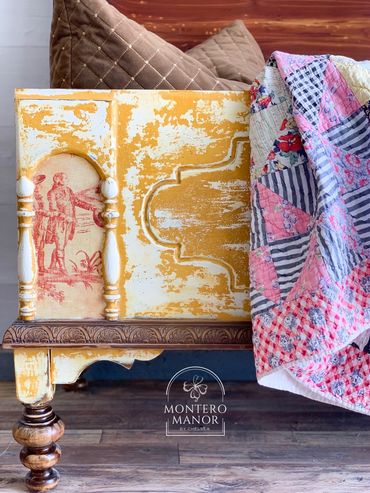 milk paint chest old world design red toile Montero Manor by Chelsea
