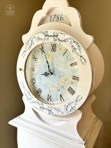 blue toile old world shabby chic grandfather clock Montero Manor by Chelsea
