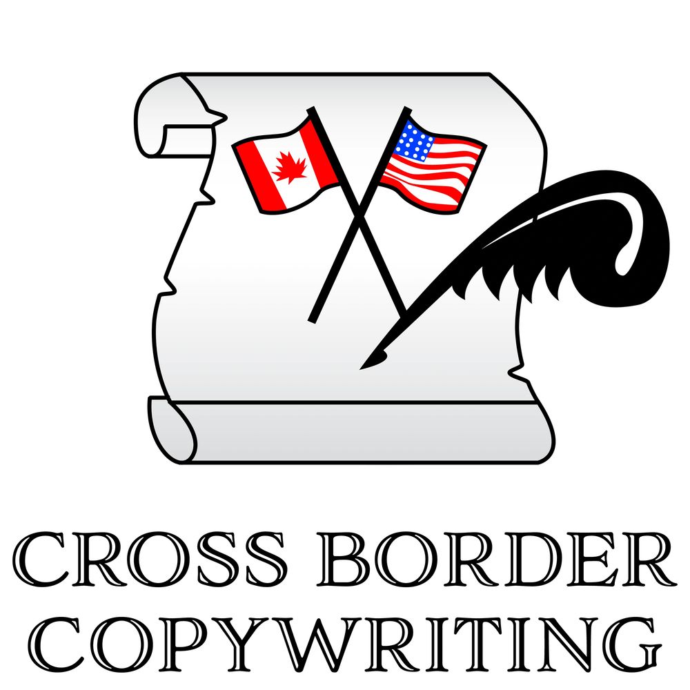 Scroll and pen with Canadian and US flags, Cross Border Copywriting logo.