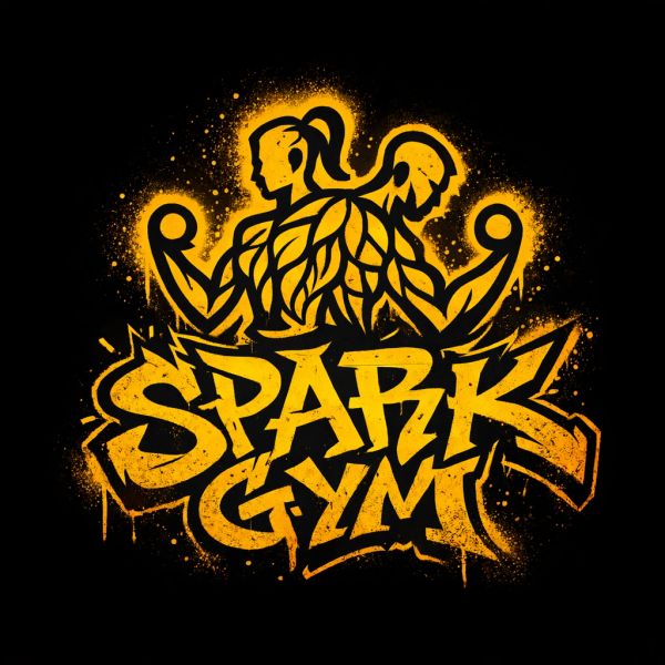 Bold yellow gym logo with muscular man and woman.