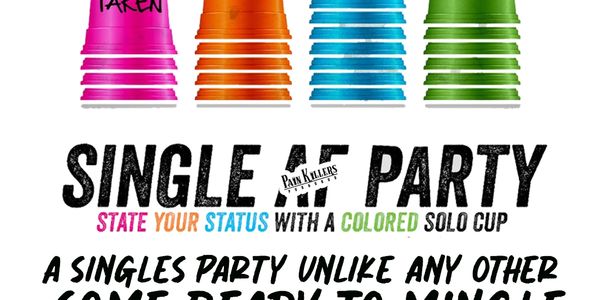 Halloween-themed singles party with colored solo cups showing relationship status.