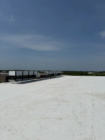 Expansive white rooftop under a clear blue sky with distant greenery.