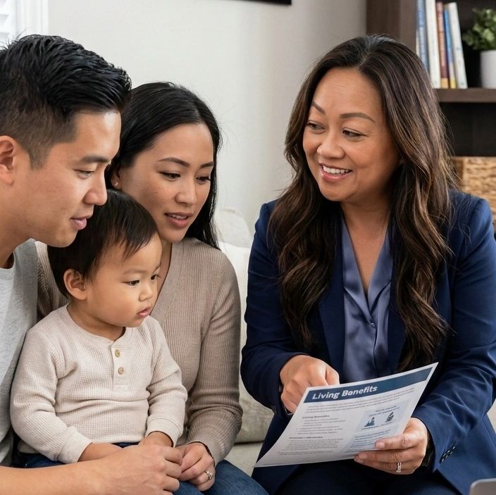 Financial advisor discussing living benefits with a young family.