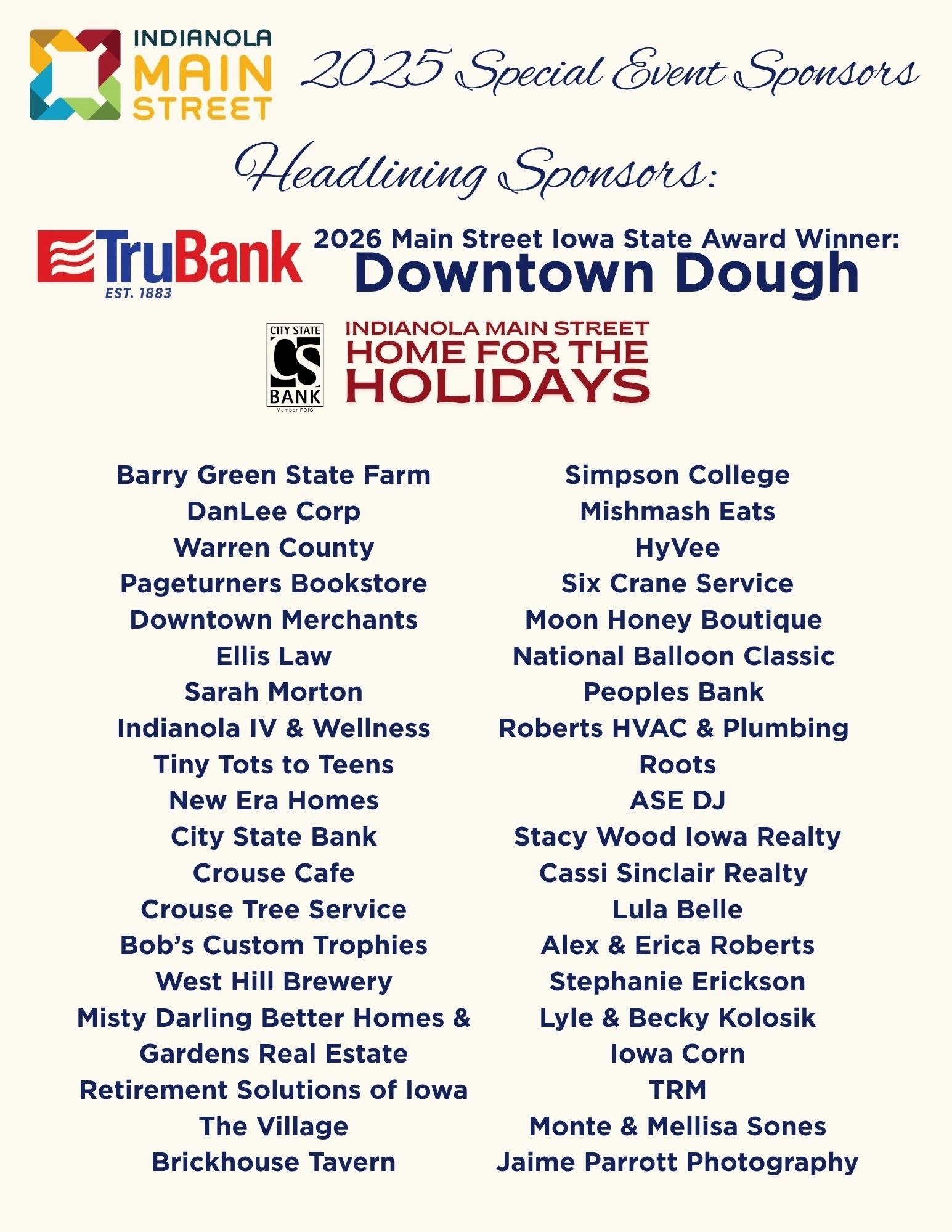 2025 Indianola Main Street event sponsors list.