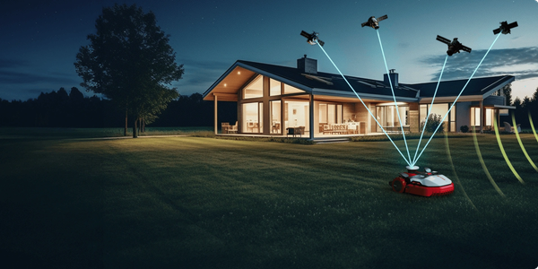 Robotic lawn mower guided by satellites near a modern house at night.