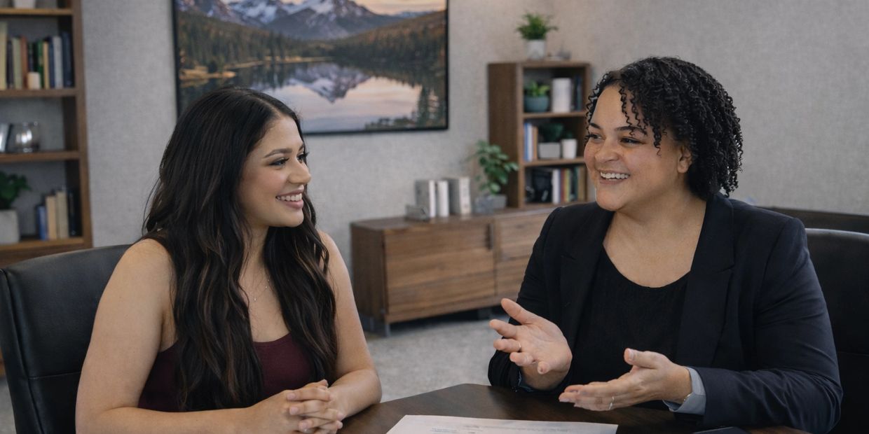 Two women discussing charts and graphs in a professional office setting.