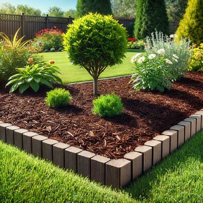 Lush garden with green shrubs, flowers, and mulch, bordered by lawn.