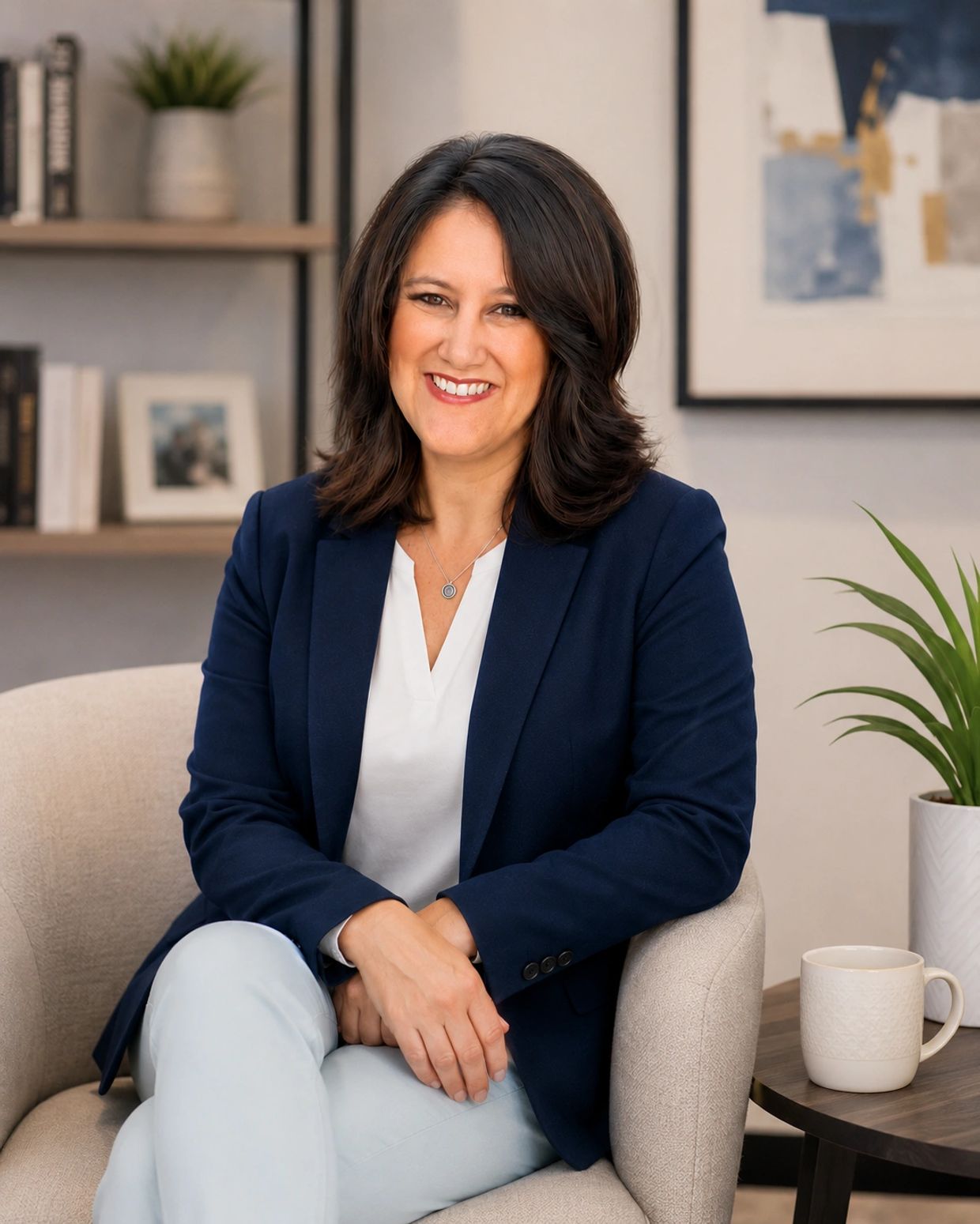 Professional woman smiling confidently in a modern office setting.