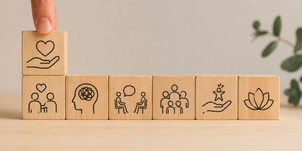 Blocs en bois illustrant le soutien et la santé mentale.