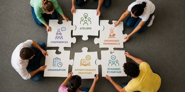 Personnes assemblant des pièces de puzzle sur le développement personnel.