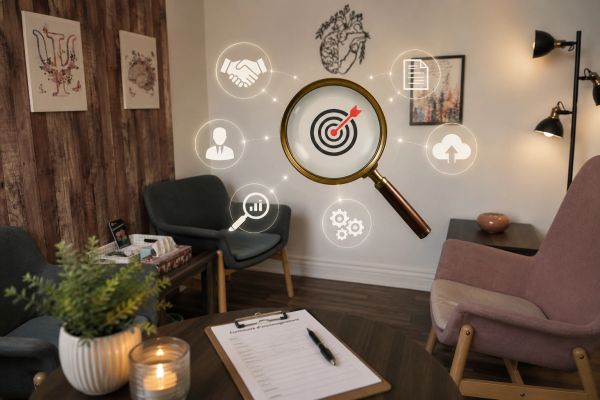 Une salle d'attente confortable avec des icônes de cible et de stratégie.
