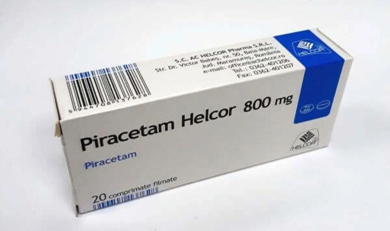 Box of Piracetam Helcor 800 mg tablets.