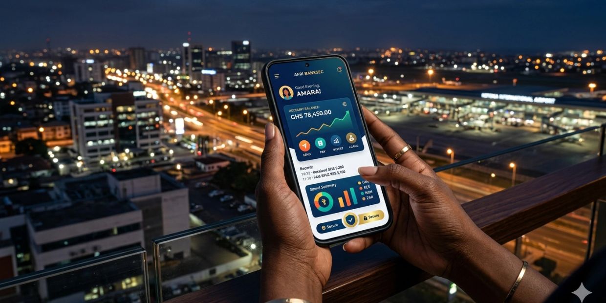 Person checking a banking app on a smartphone with a city skyline at night.
