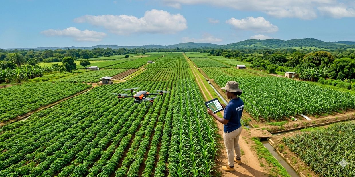A person operating a drone over a vast green agricultural field.