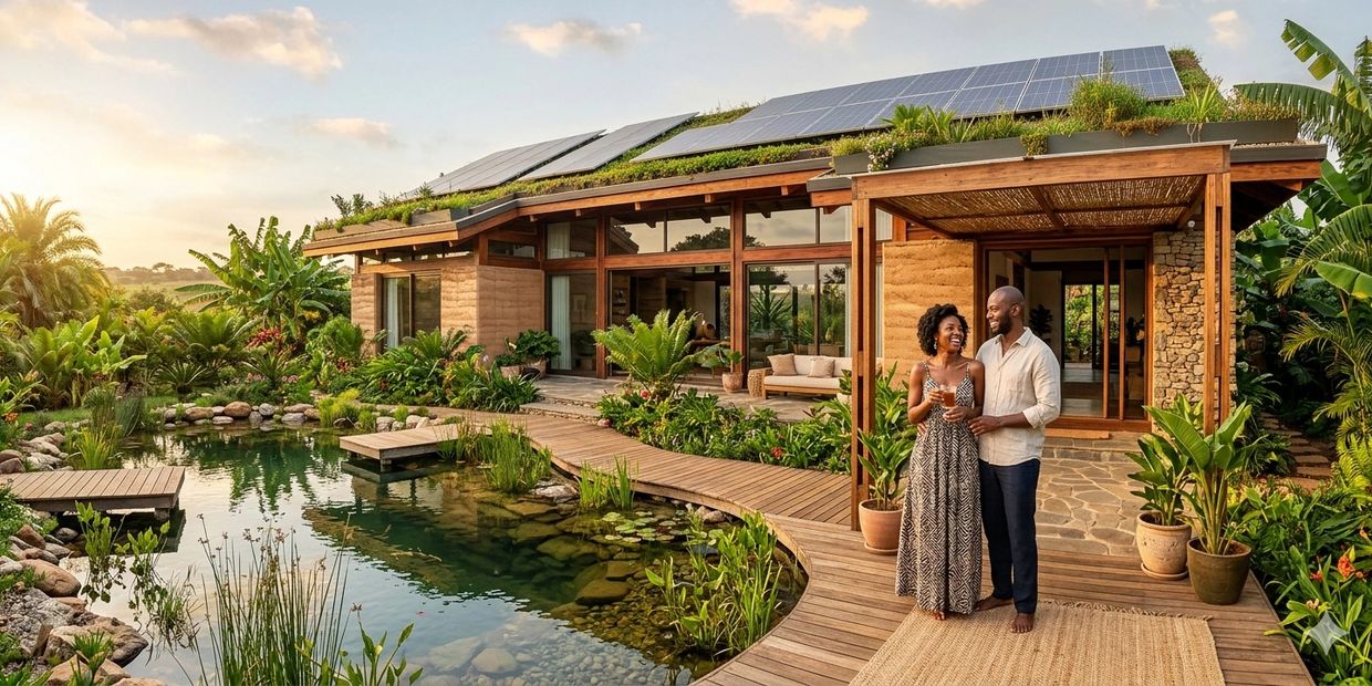 Couple enjoying drinks outside eco-friendly home with solar panels and pond.