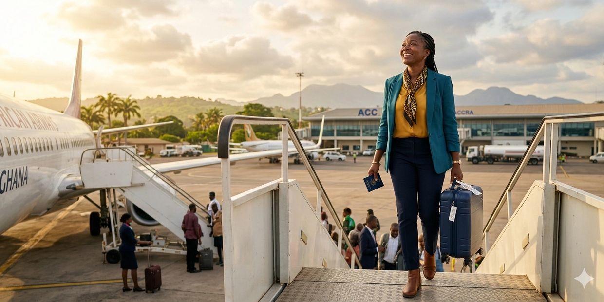 A smiling woman with luggage walks up airplane stairs at an airport during sunset.