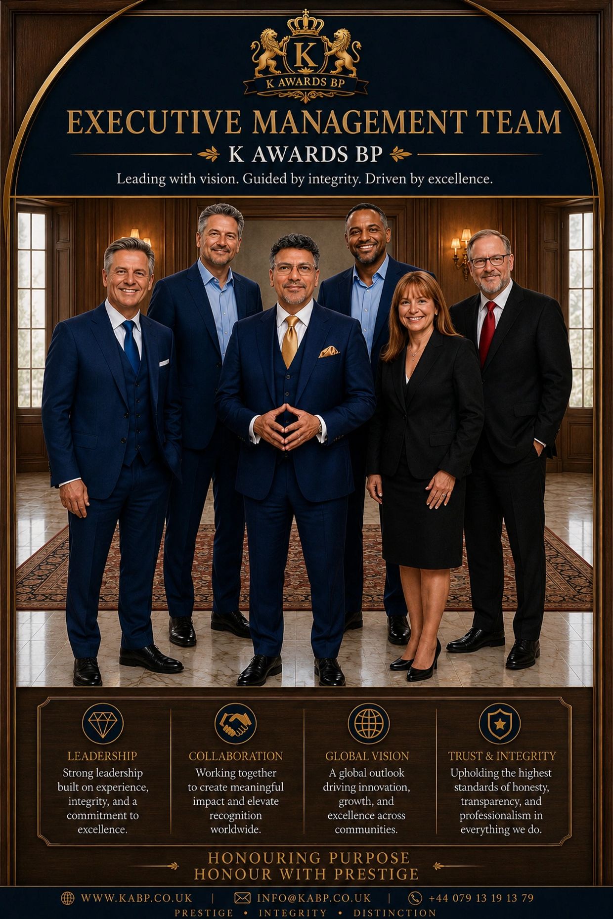 K Awards BP executive management team luxury navy blue and gold leadership poster.