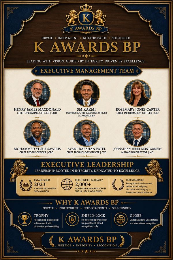 K Awards BP executive management team poster featuring international leadership and global recogniti