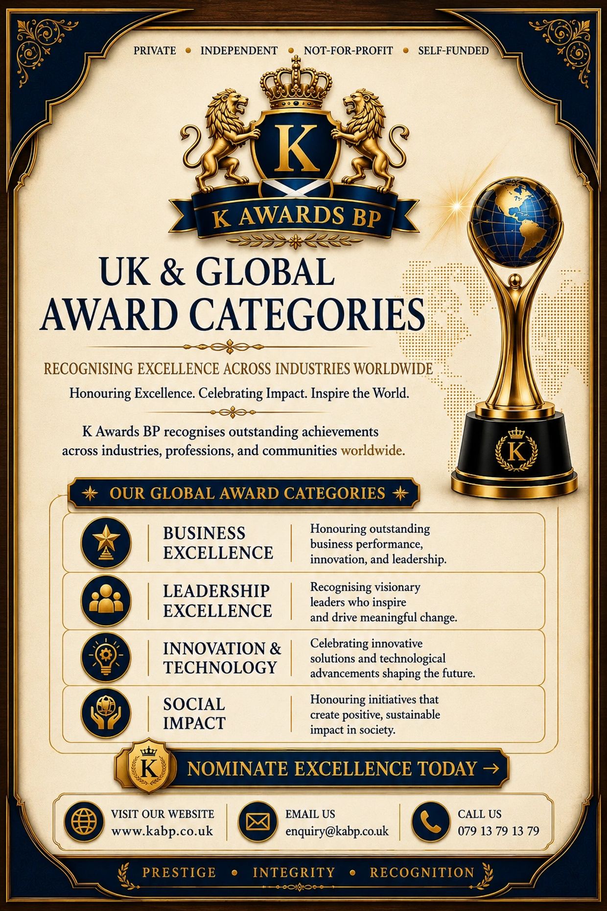 K Awards BP UK and global award categories luxury navy blue and gold recognition poster.