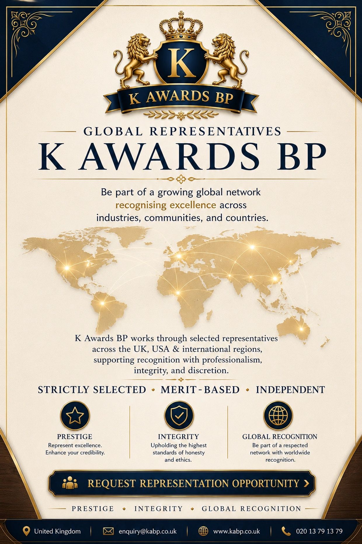 K Awards BP global representatives poster recognition network across the UK, USA, and worldwide.