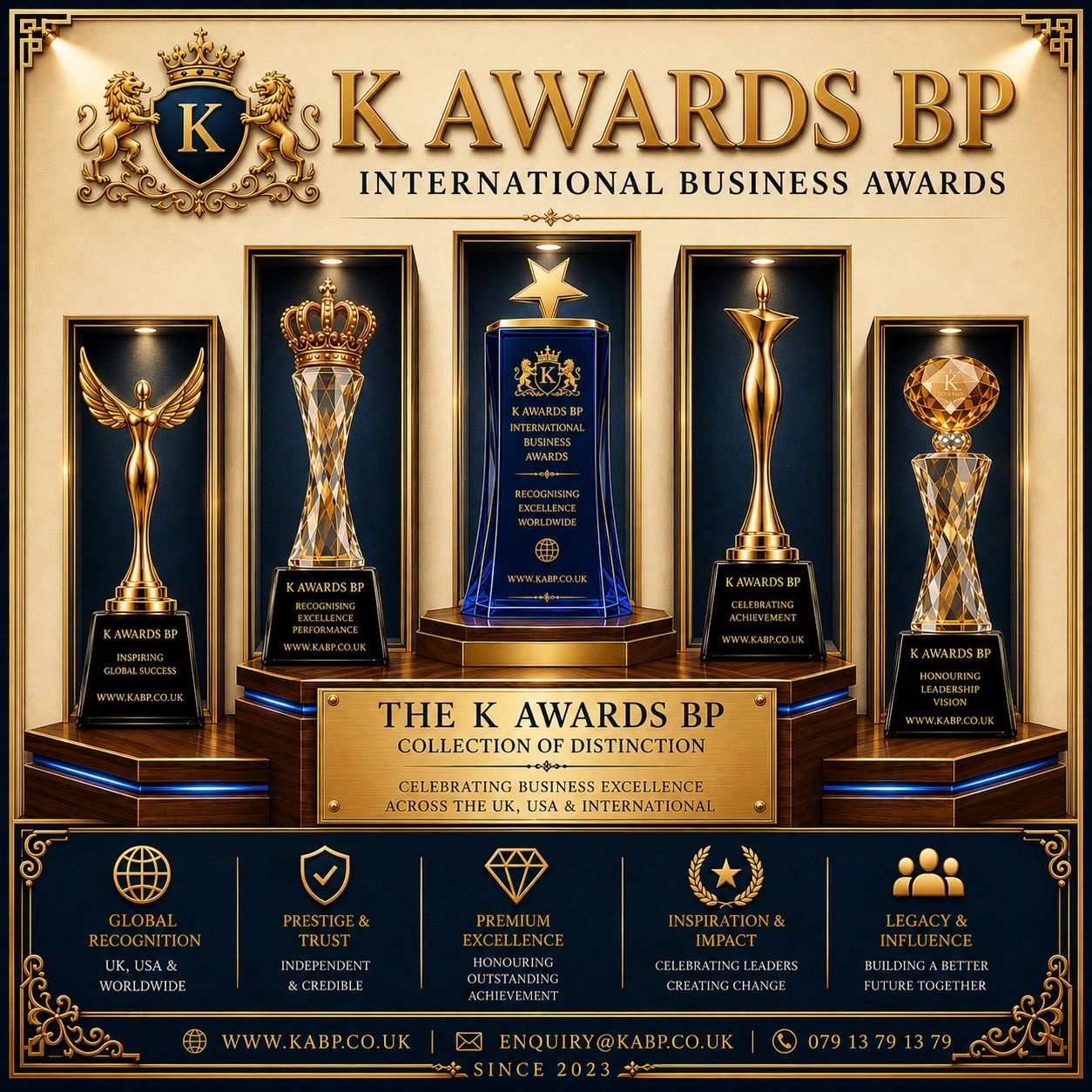 Luxury K Awards BP International Business Awards poster featuring premium trophy collection, 