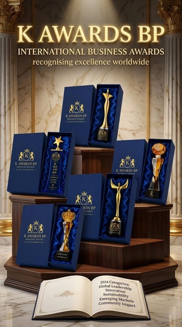 Luxury international business award trophies and recognition awards by K Awards BP, honouring excellence across the UK, USA and worldwide.