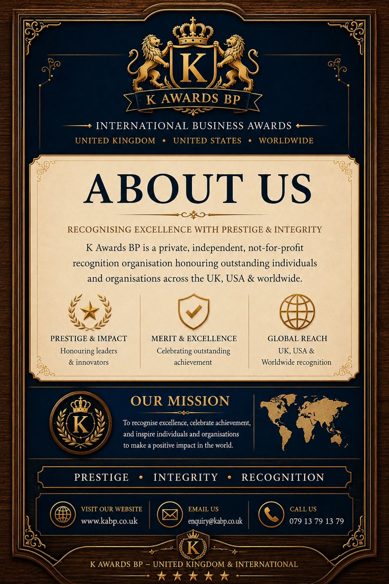 K Awards BP luxury navy blue and gold international business awards poster recognising excellence 