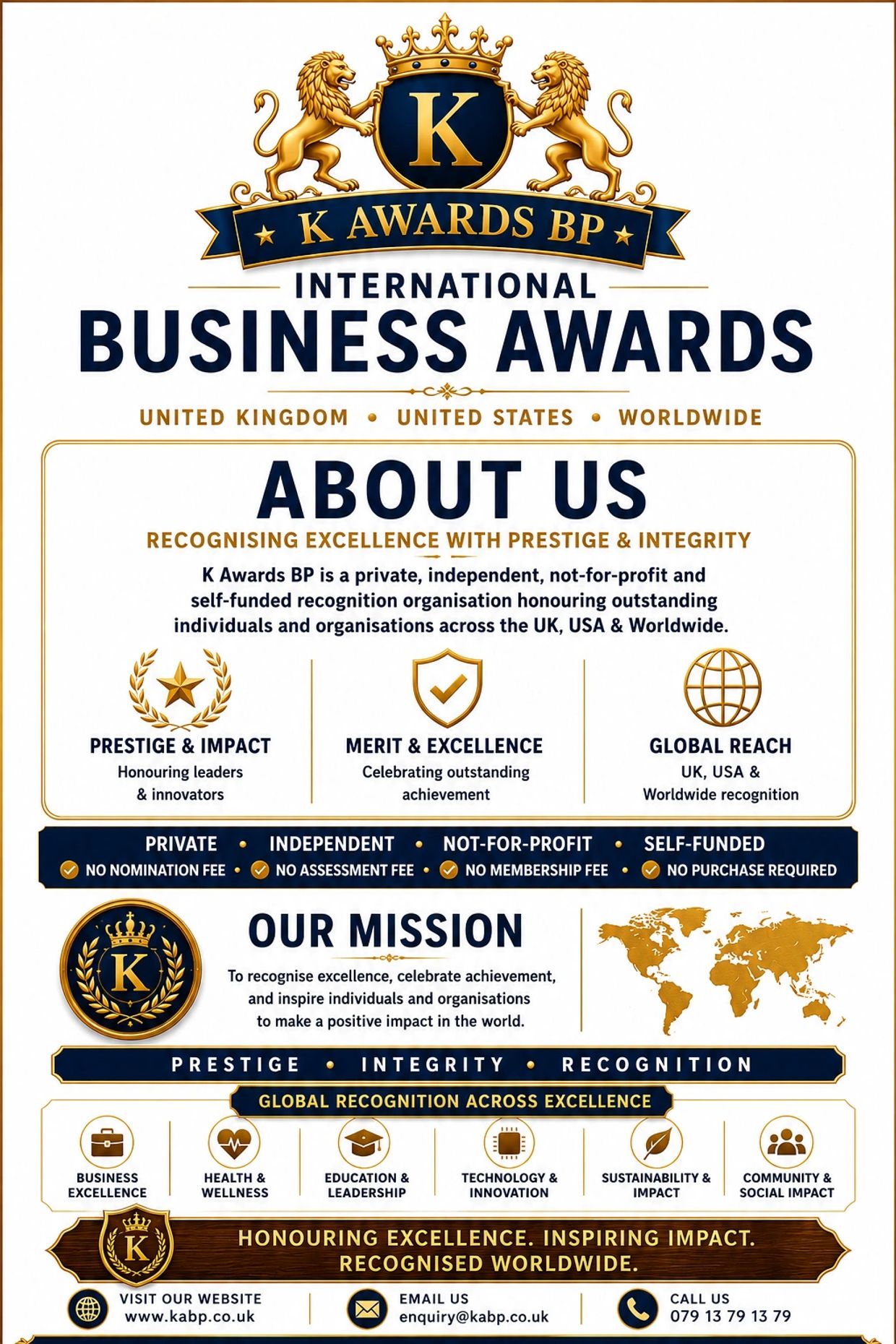 K Awards BP luxury navy blue and gold international business awards poster recognising excellence 