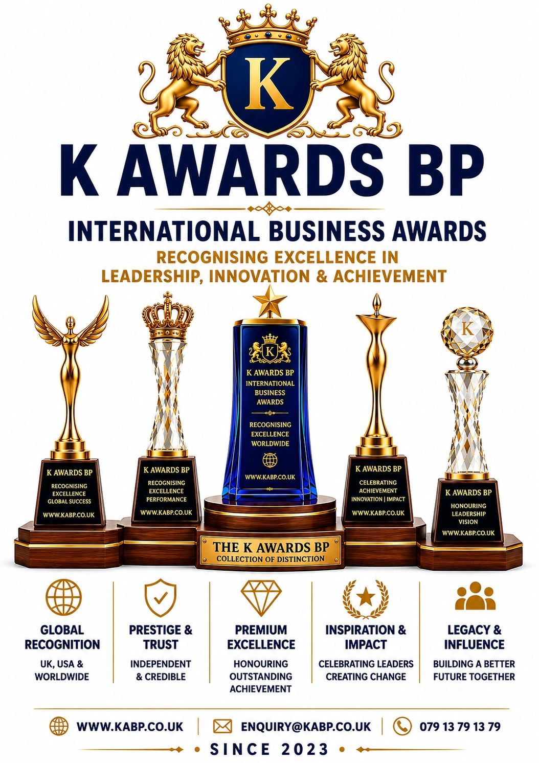 Luxury K Awards BP International Business Awards poster featuring premium trophy collection, 