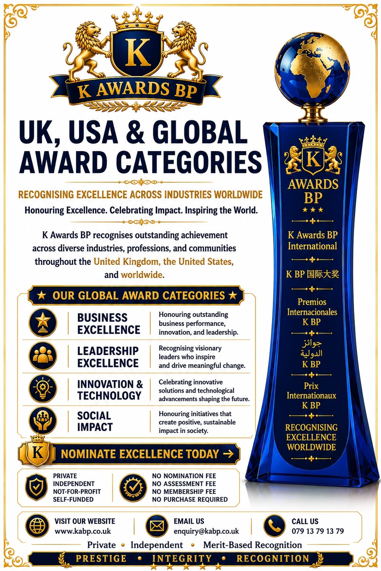 K Awards BP UK and global award categories luxury navy blue and gold recognition poster.