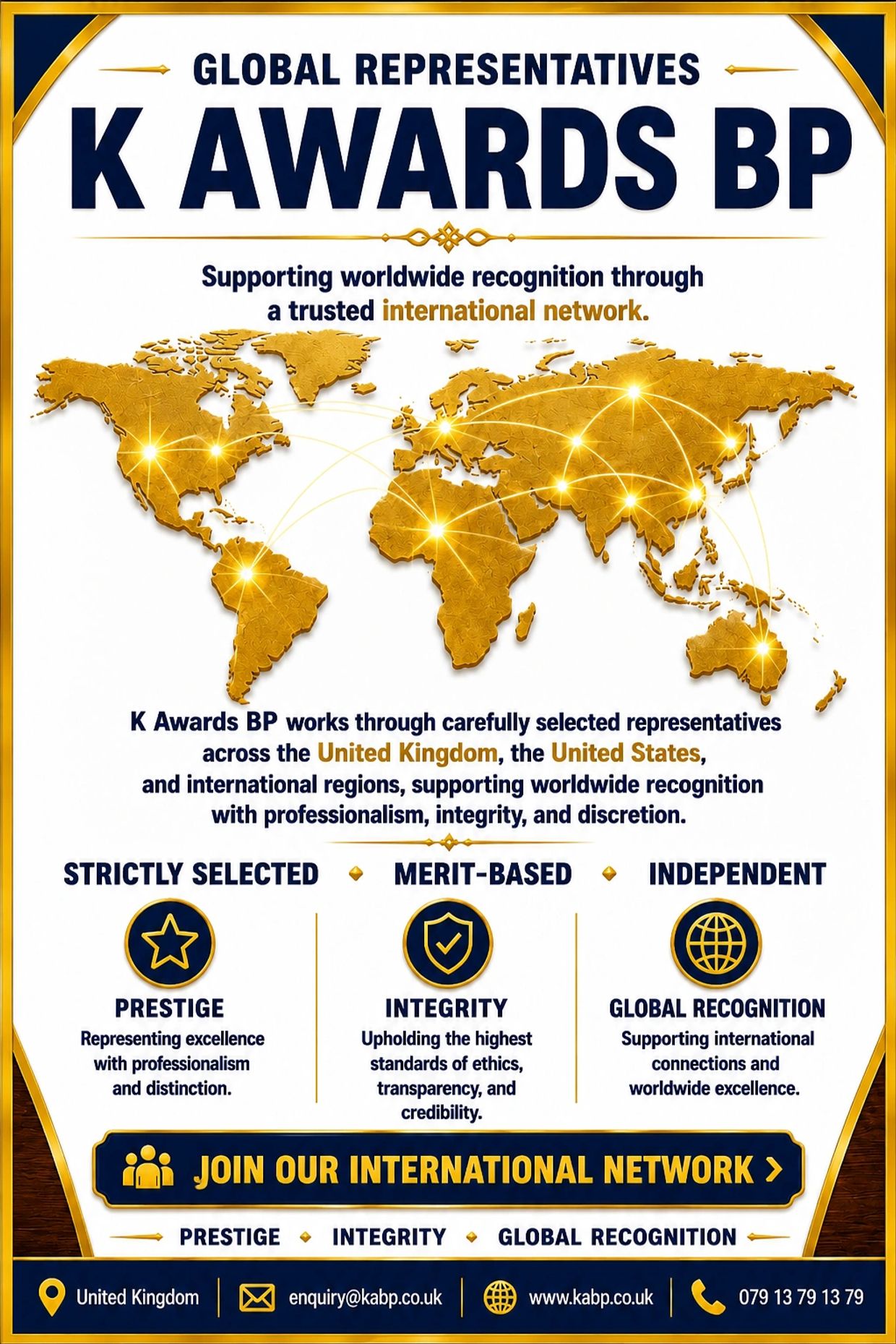 K Awards BP global representatives poster recognition network across the UK, USA, and worldwide.