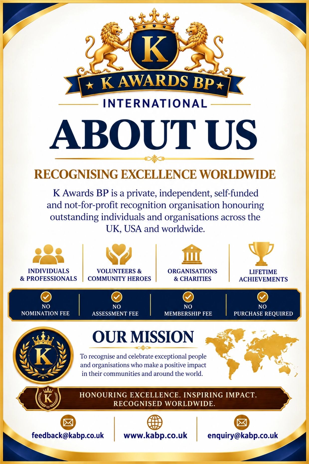 K Awards BP luxury navy blue and gold international business awards poster recognising excellence 