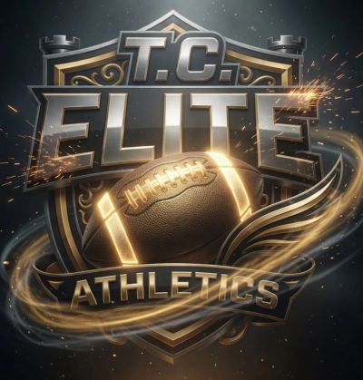 Golden football and shield logo with 'T.C. Elite Athletics' text.