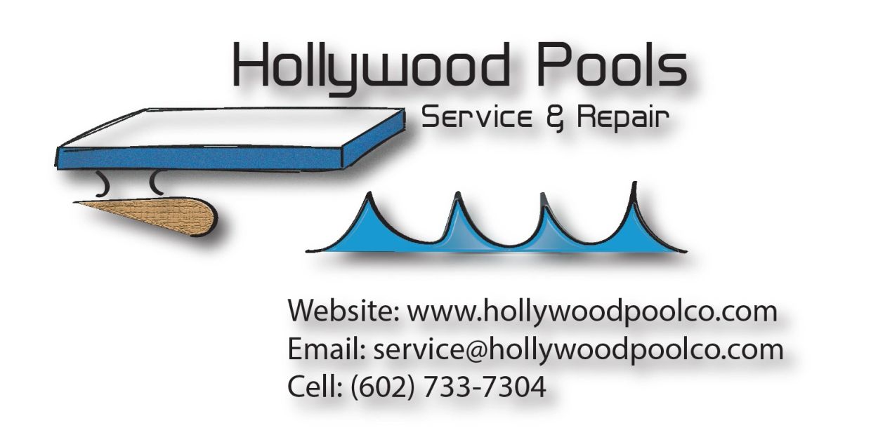 Business card for Hollywood Pools service and repair.